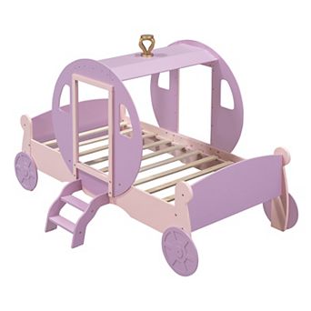 Merax Twin size Princess Carriage Bed with Crown ,Wood Platform Car Bed with Stair
