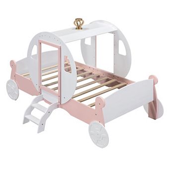 Merax Twin size Princess Carriage Bed with Crown ,Wood Platform Car Bed with Stair