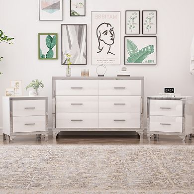 Merax 3-Pieces Sets,Dresser and Two Nightstands with Metal Handles and Mirror Decoration