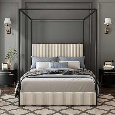 Merax Modern Luxury Metal Canopy Bed with Tall Corduroy Upholstered Headboard