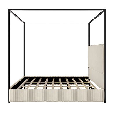 Merax Modern Luxury Metal Canopy Bed with Tall Corduroy Upholstered Headboard