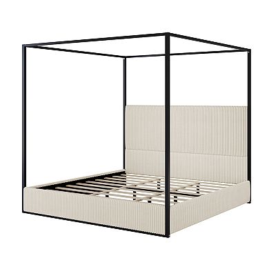 Merax Modern Luxury Metal Canopy Bed with Tall Corduroy Upholstered Headboard