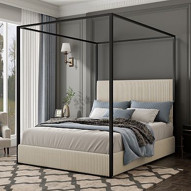 Merax Modern Luxury Metal Canopy Bed with Tall Corduroy Upholstered Headboard