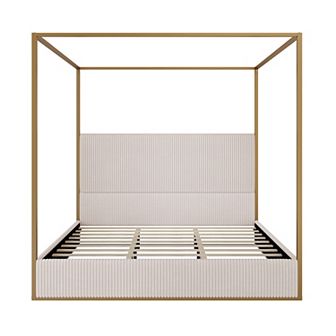 Merax Modern Luxury Metal Canopy Bed with Tall Corduroy Upholstered Headboard