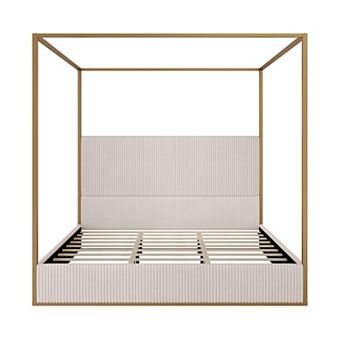 Merax Modern Luxury Metal Canopy Bed with Tall Corduroy Upholstered Headboard