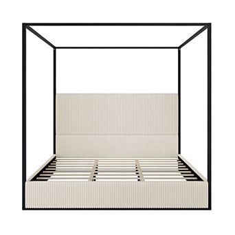 Merax Modern Luxury Metal Canopy Bed with Tall Corduroy Upholstered Headboard