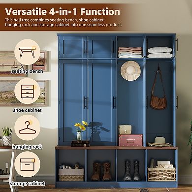 Merax Farmhouse Hall Tree with 4 Hidden Hanging Hooks, Versatile Walnut Seating Bench with 8 Doors