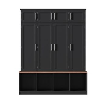 Merax Farmhouse Hall Tree with 4 Hidden Hanging Hooks, Versatile Walnut Seating Bench with 8 Doors