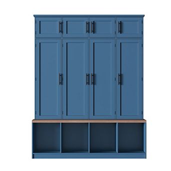 Merax Farmhouse Hall Tree with 4 Hidden Hanging Hooks, Versatile Walnut Seating Bench with 8 Doors