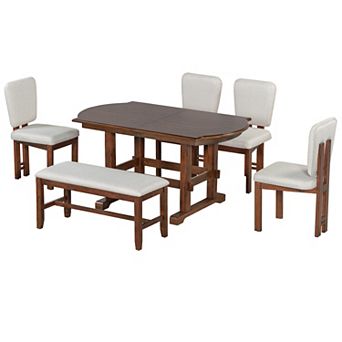Merax 6 pc 78inch Extendable Wood Dining Table Set with Bench, Traditional Kitchen Table Set