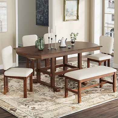 Merax 6 Pieces 78inch Extendable Wood Dining Table Set with Bench, Traditional Kitchen Table Set