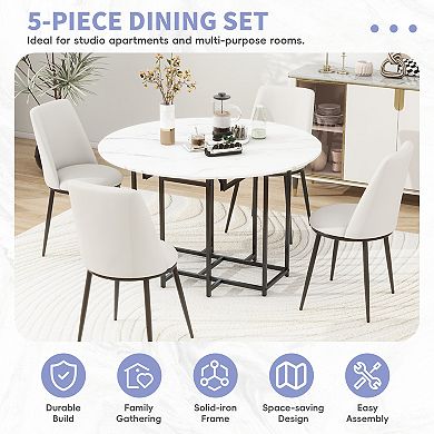 Merax 5-Piece Extendable Kitchen Dining Table Set for Small Spaces - Round Faux Marble Top