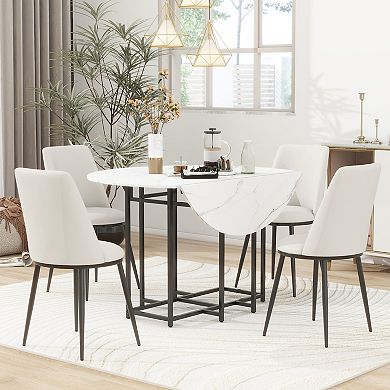 Merax 5-Piece Extendable Kitchen Dining Table Set for Small Spaces - Round Faux Marble Top
