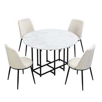 Merax 5 pc Extendable Kitchen Dining Table Set for Small Spaces - Round Faux Marble Top
