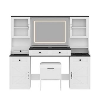 Merax 61.5" Farmhouse Vanity Desk with Mirror and LED Lights