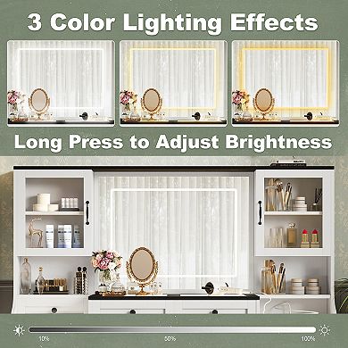 Merax 61.5" Farmhouse Vanity Desk with Mirror and LED Lights