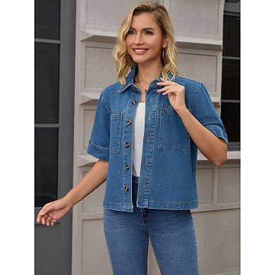 Women's Short Sleeve Denim Jacket Button Down Boxy Shirt Tops Casual Jean Jackets