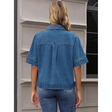 Women's Short Sleeve Denim Jacket Button Down Boxy Shirt Tops Casual Jean Jackets