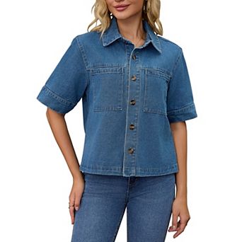 Women's Short Sleeve Denim Jacket Button Down Boxy Shirt Tops Casual Jean Jackets