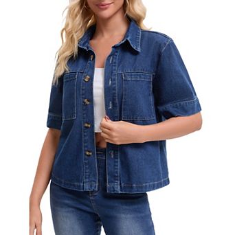Women's Short Sleeve Denim Jacket Button Down Boxy Shirt Tops Casual Jean Jackets