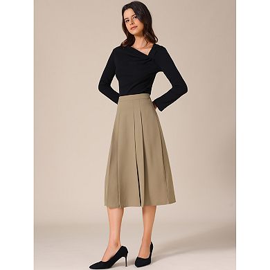 Women's High Waist Fall Work Office A-Line Pleated Midi Skirt
