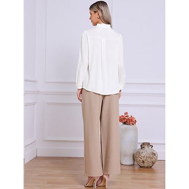 Ruffles Top for Women's Stand Collar Pleated Trim Long Puffy Sleeve Button Down Vintage Blouses