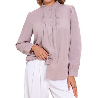 Ruffles Top for Women's Stand Collar Pleated Trim Long Puffy Sleeve Button Down Vintage Blouses