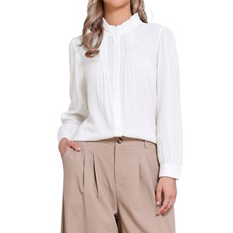 Ruffles Top for Women's Stand Collar Pleated Trim Long Puffy Sleeve Button Down Vintage Blouses