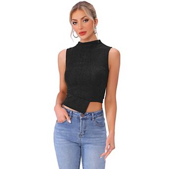Glitter Tank Top for Women Mock Neck Sleeveless Asymmetrical Hem Blouse