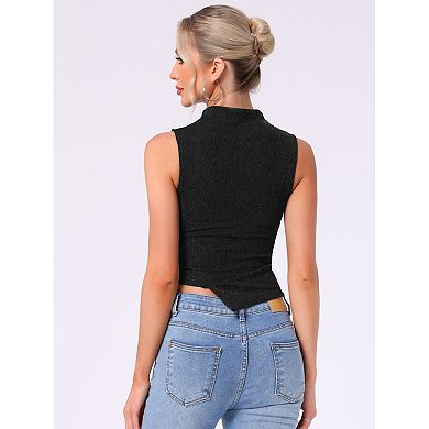 Glitter Tank Top for Women Mock Neck Sleeveless Asymmetrical Hem Blouse