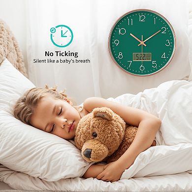 Wall Clock with Date and Temperature, Silent Non Ticking Clocks for Office, Home, 12 Inch