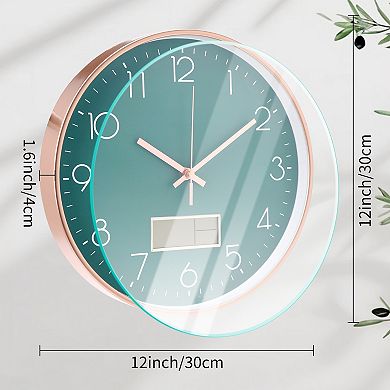 Wall Clock with Date and Temperature, Silent Non Ticking Clocks for Office, Home, 12 Inch