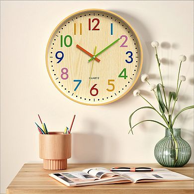 Classroom Wall Clock for Time Teaching, Non-Ticking Battery Operated Colorful Analog Clocks, 12 Inch
