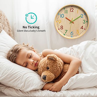 Classroom Wall Clock for Time Teaching, Non-Ticking Battery Operated Colorful Analog Clocks, 12 Inch