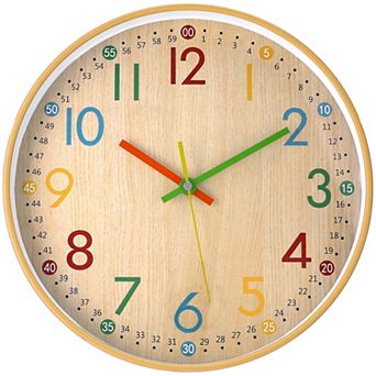 Classroom Wall Clock for Time Teaching, Non-Ticking Battery Operated Colorful Analog Clocks, 12 Inch