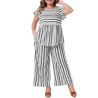 Women's Plus Size 2 pc Resort Set, Round Neck Blouses Shirts and Elastic Waist Loose Fit Pants