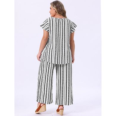 Women's Plus Size 2 Piece Resort Set, Round Neck Blouses Shirts and Elastic Waist Loose Fit Pants