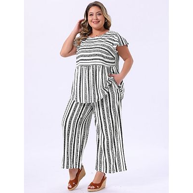 Women's Plus Size 2 Piece Resort Set, Round Neck Blouses Shirts and Elastic Waist Loose Fit Pants