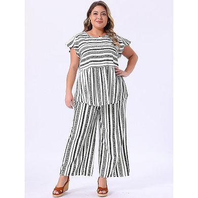 Women's Plus Size 2 Piece Resort Set, Round Neck Blouses Shirts and Elastic Waist Loose Fit Pants