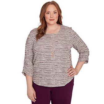 Plus Size Alfred Dunner Textured Shimmer Space Dye Top with Necklace