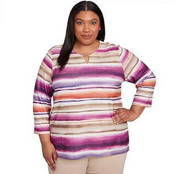 Plus Size Alfred Dunner Watercolor Biadere Beaded Split Neck Top