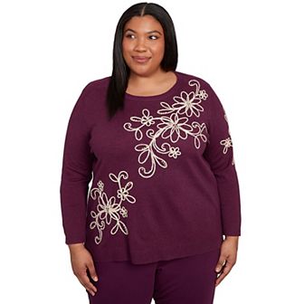 Plus Size Alfred Dunner Diagonal Floral Embroidered Sweater