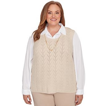 Plus Size Alfred Dunner Pointelle Texture Two-in-One Sweater with Necklace