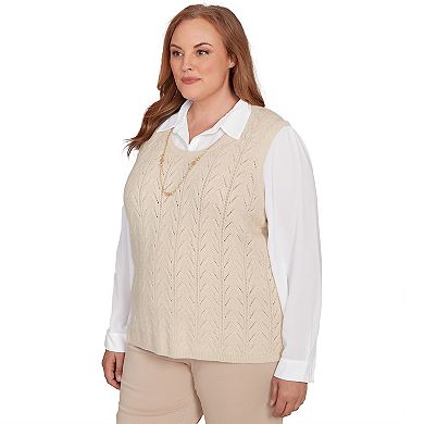 Plus Size Alfred Dunner Pointelle Texture Two-in-One Sweater with Necklace