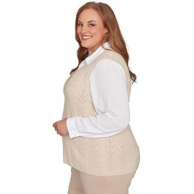Plus Size Alfred Dunner Pointelle Texture Two-in-One Sweater with Necklace