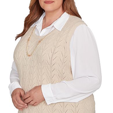 Plus Size Alfred Dunner Pointelle Texture Two-in-One Sweater with Necklace