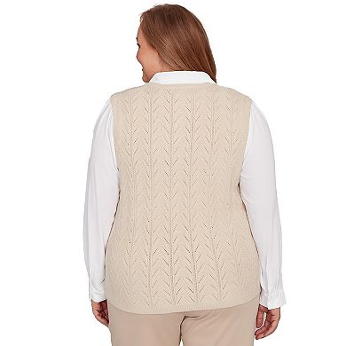 Plus Size Alfred Dunner Pointelle Texture Two-in-One Sweater with Necklace