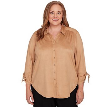 Plus Size Alfred Dunner Button Front Faux Suede Top with Long Sleeves