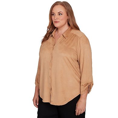 Plus Size Alfred Dunner Button Front Faux Suede Top with Long Sleeves