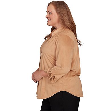 Plus Size Alfred Dunner Button Front Faux Suede Top with Long Sleeves